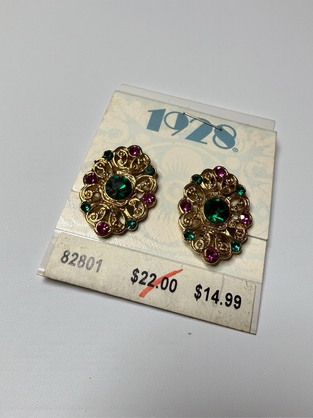 Vintage 1928 Rhinestone Clip Earrings NOS Green Pink Gold Tone
